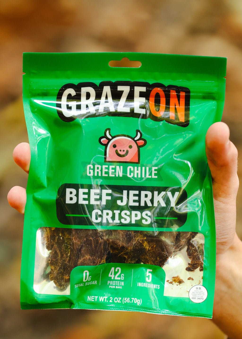 GrazeOn Green Chile Beef Jerky Crisps- High Protein, No Sugar, Crunchy Air-Dried Meat Snack, All-Natural - 2.0 oz