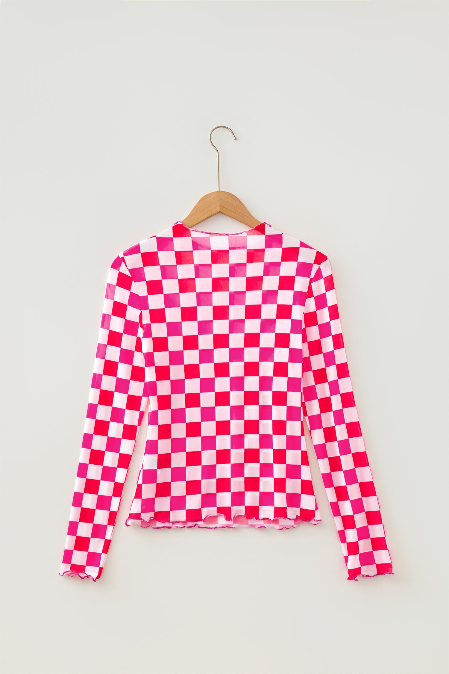 Rose Plaid Heart Mesh Sheer Long Sleeve High Neck Blouse