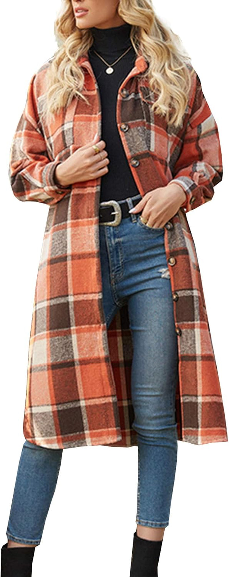 Women'S Casual Wool Blend Long Plaid Shirt Jacket Button down Pocketed Shirt Shacket