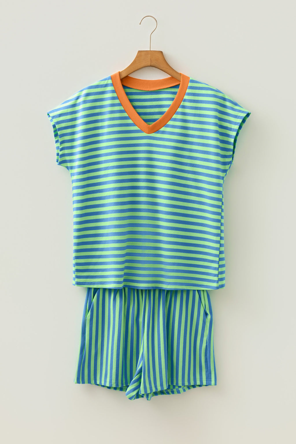 Red Stripe Colorblock Trim V Neck Tee Drawstring Elastic Waist Short Set