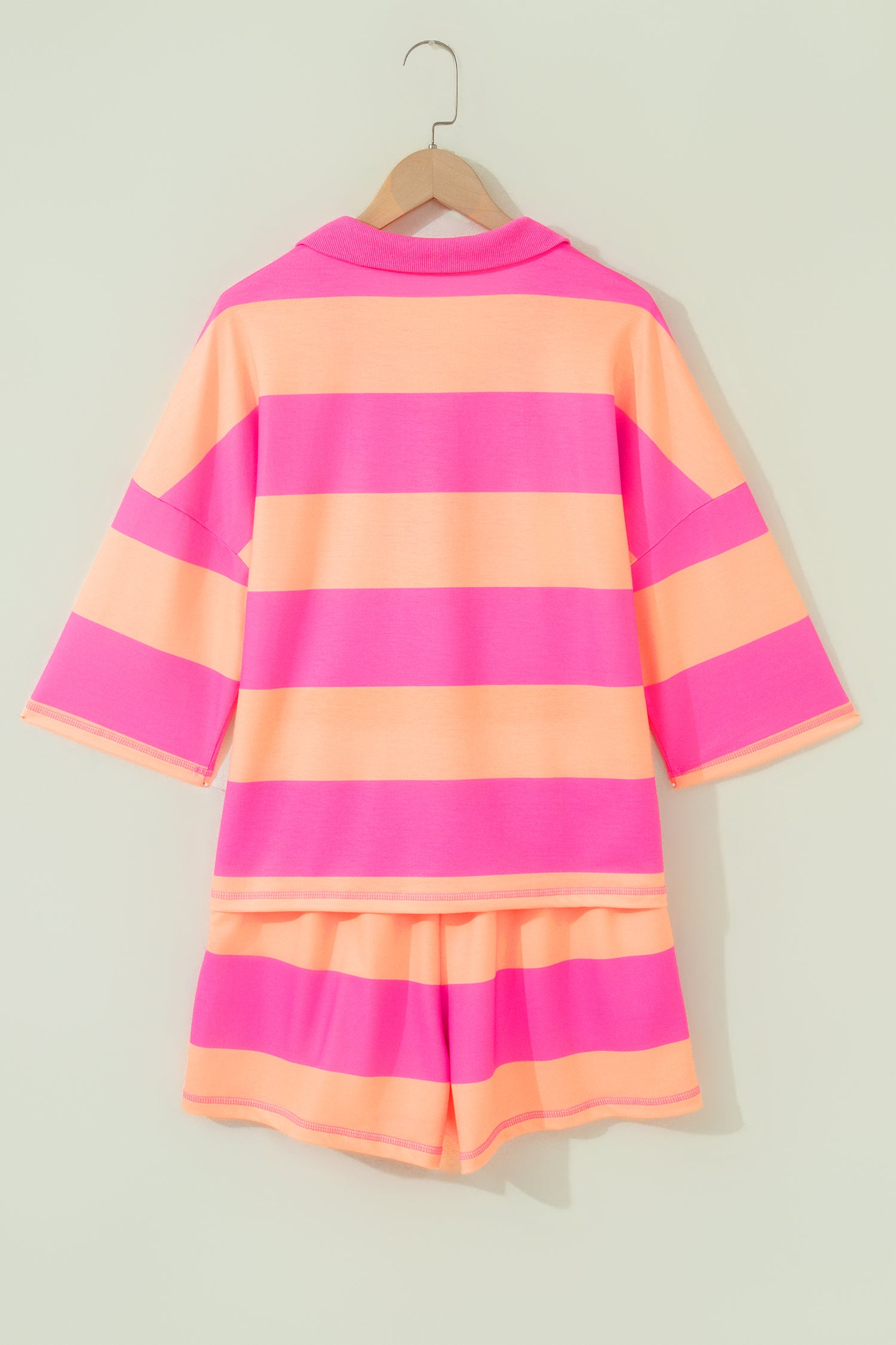 Pink Half Zipper Placket Bracelet Sleeve Top Casual Shorts Set