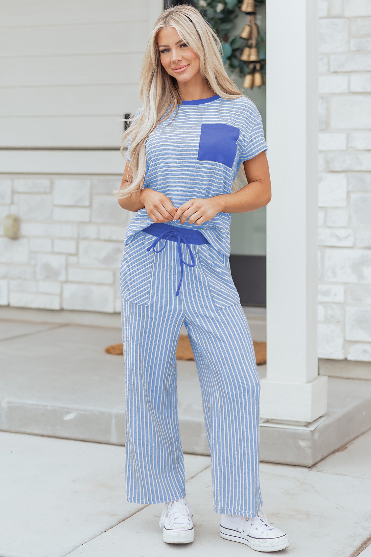 Green Stripe Crew Neck Tee Drawstring Waist Cropped Pants Set
