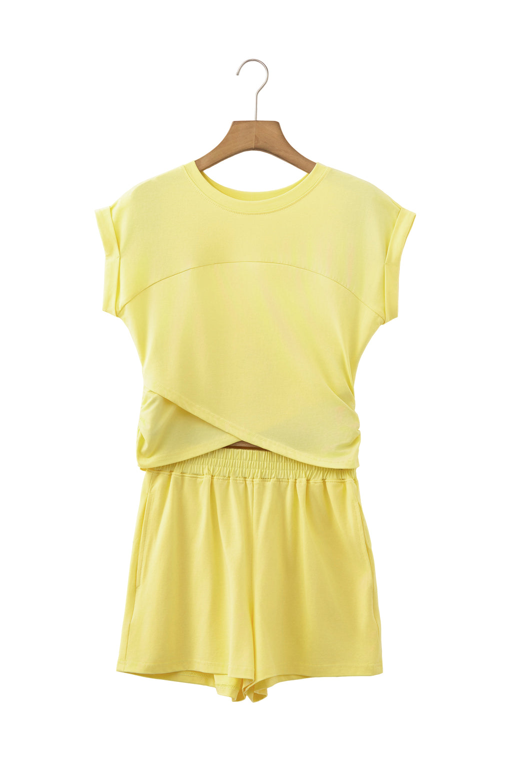 Mist Blue Solid Short Sleeve Elastic Waist Pocket Casual Two Piece Short Set