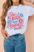 White She Loves Jesus And America Too Floral Graphic Tee