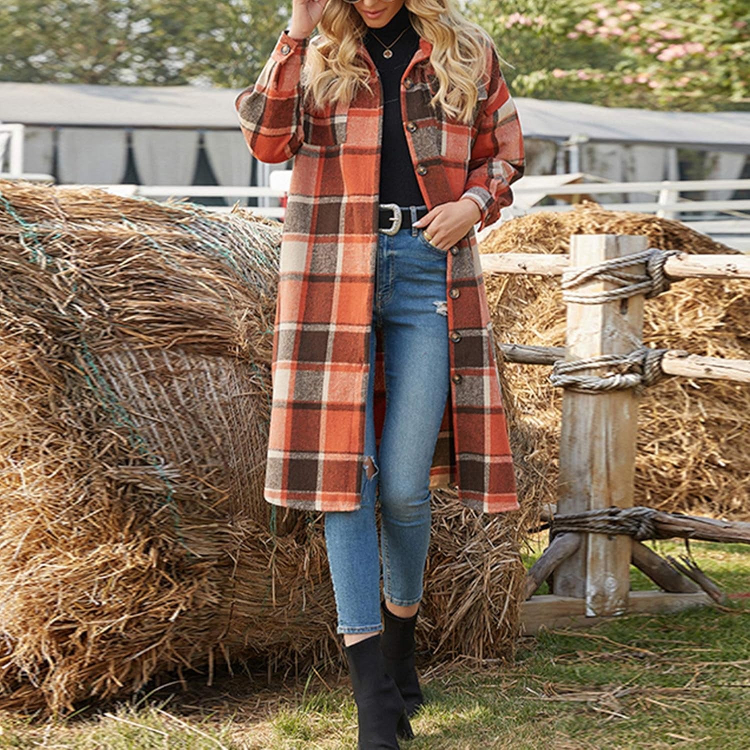 Women'S Casual Wool Blend Long Plaid Shirt Jacket Button down Pocketed Shirt Shacket