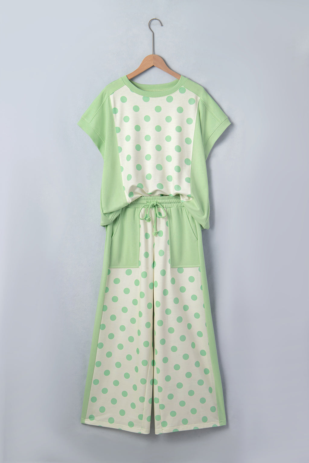 Pink Color Block Patchwork Polka Dot Wide Leg Pant Set