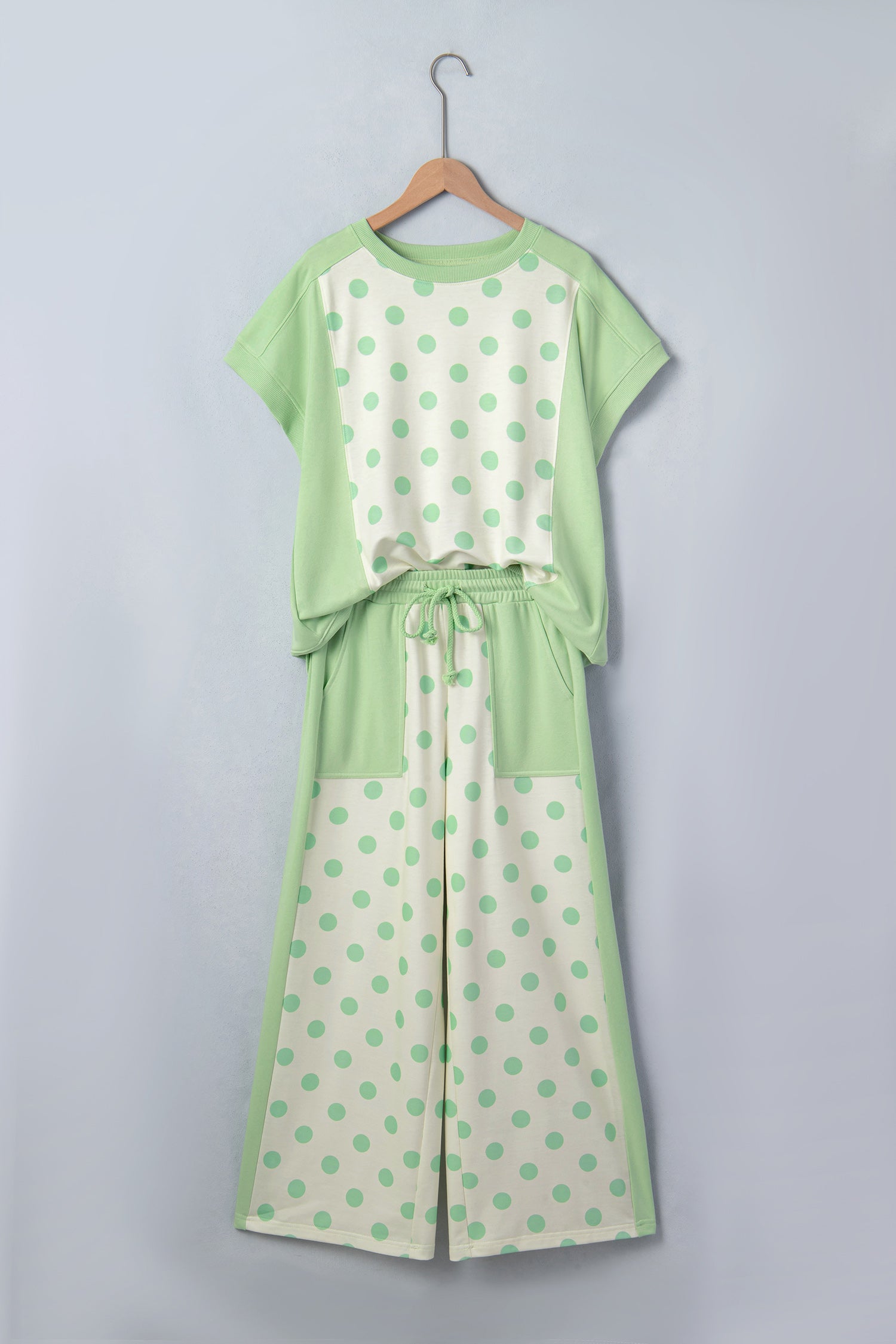 Pink Color Block Patchwork Polka Dot Wide Leg Pant Set