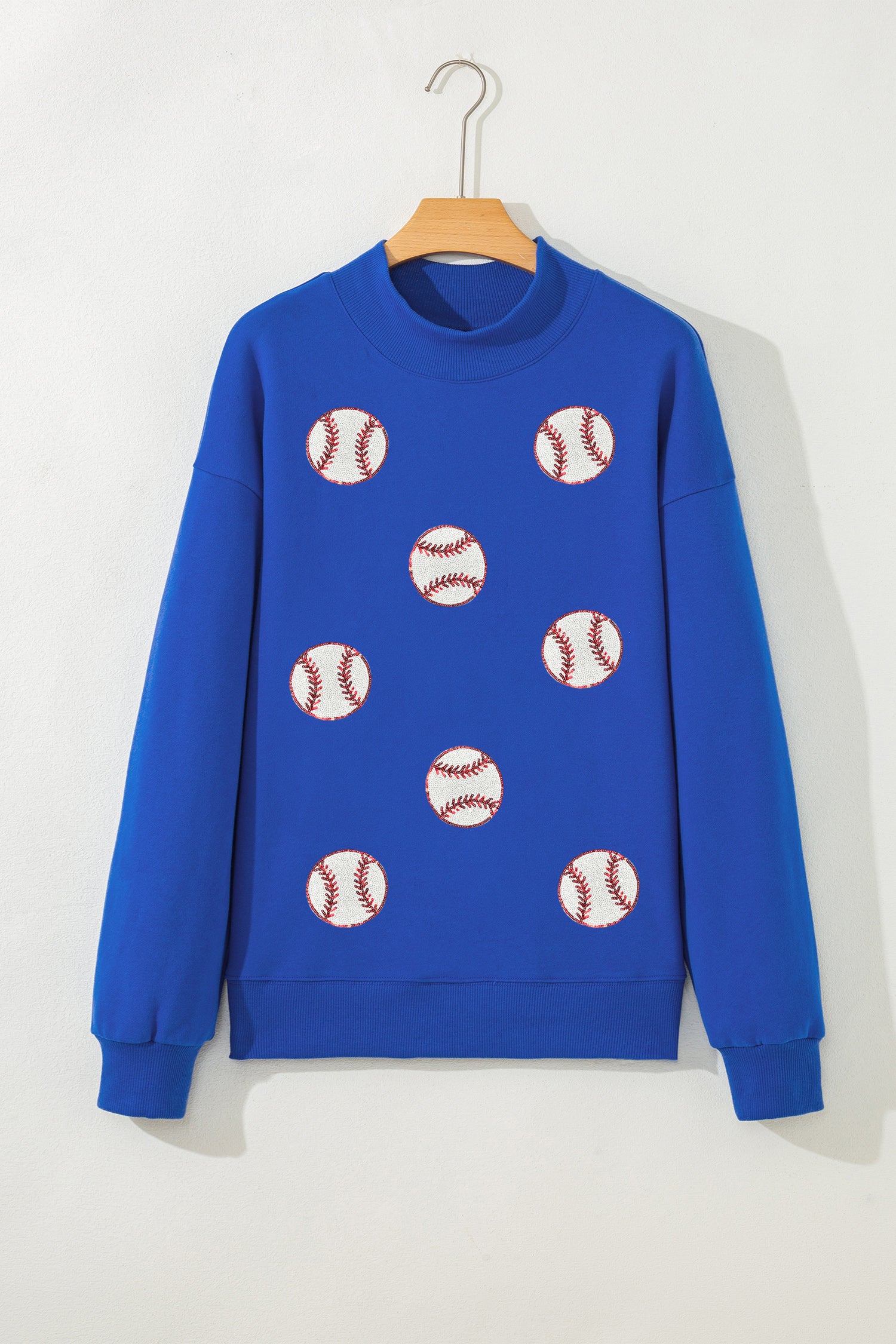 Dark Blue Sequin Baseball Patched Game Day Mock Neck Sweatshirt