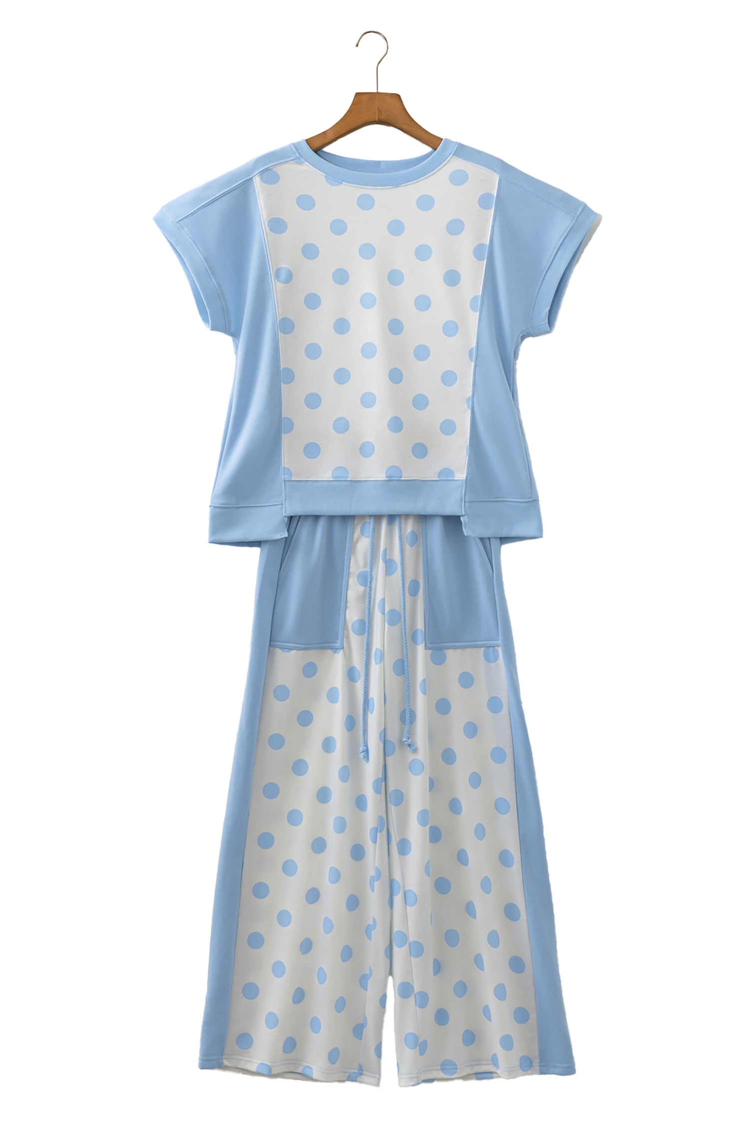 Pink Color Block Patchwork Polka Dot Wide Leg Pant Set