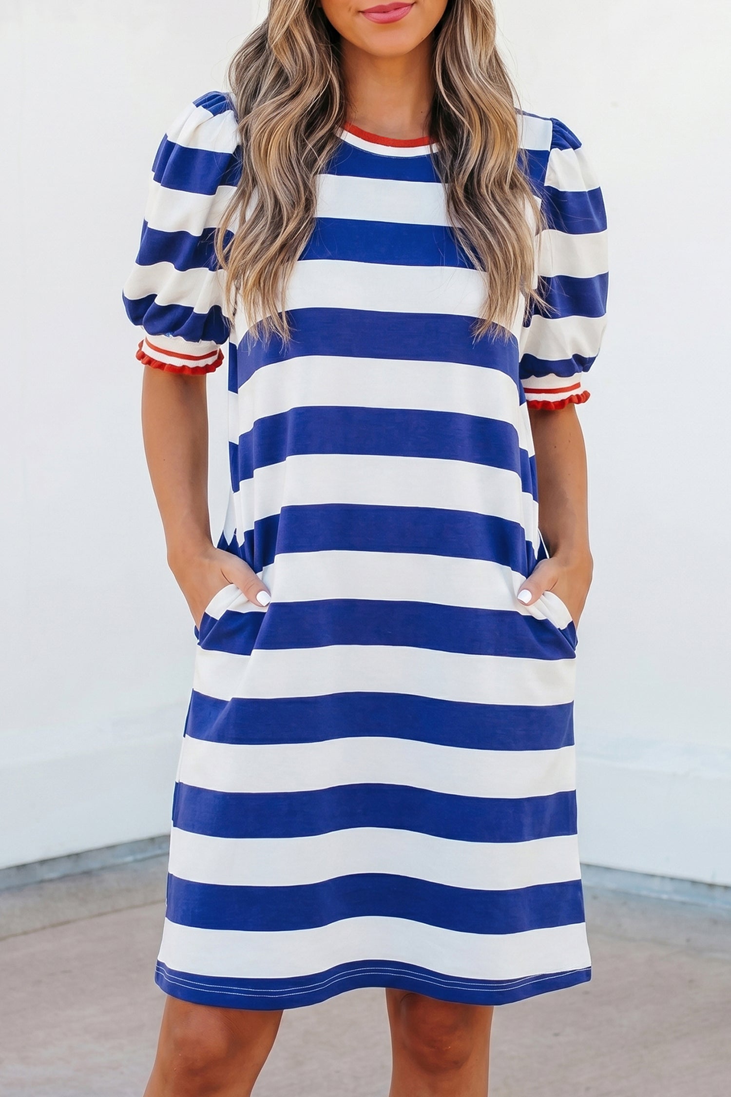 Red Stripe Contrast Trim Round Neck Short Puff Sleeve Shift Mini Dress