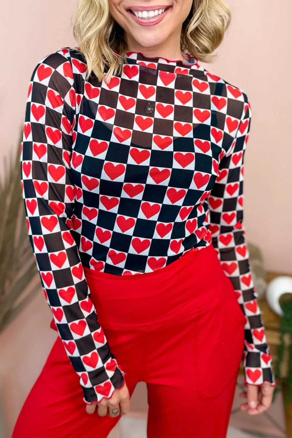 Rose Plaid Heart Mesh Sheer Long Sleeve High Neck Blouse