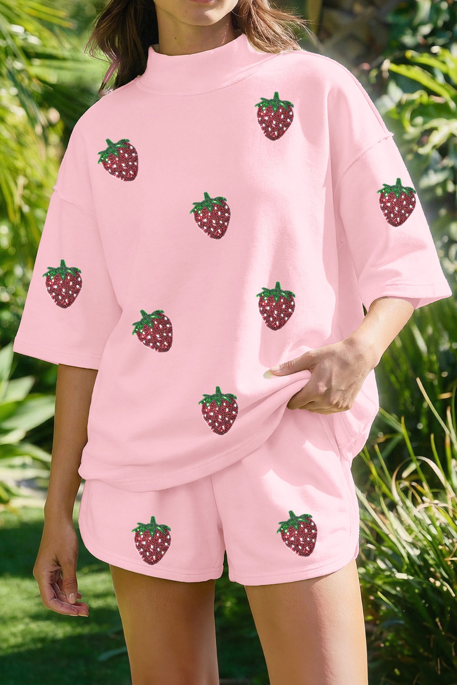 Light Pink Sequin Strawberry Oversized Tee Casual Shorts 2pcs Set