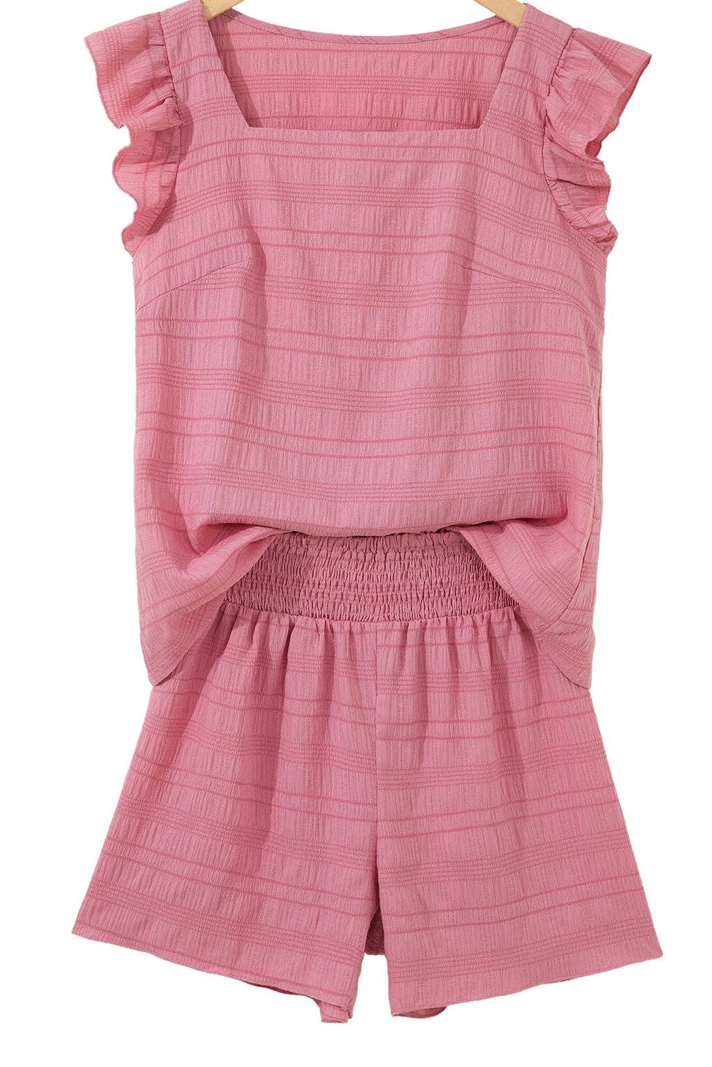 Peach Blossom Textured Square Neck Top and Shirred High Waist Shorts Set