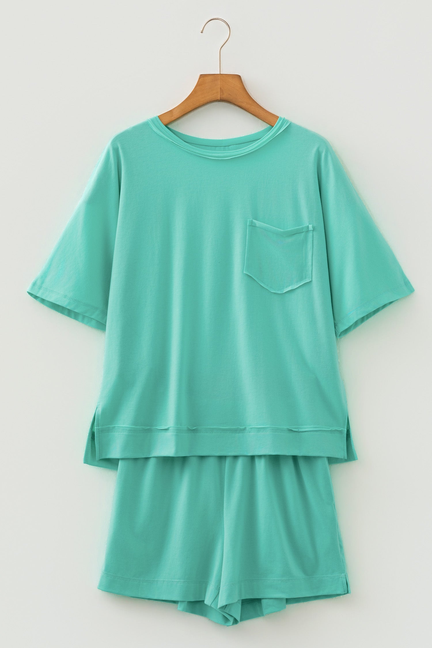Strawberry Pink Raw Edge Patch Pocket Oversized Top and Shorts Set
