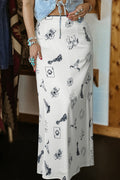Beige Western Print Satin Long Skirt