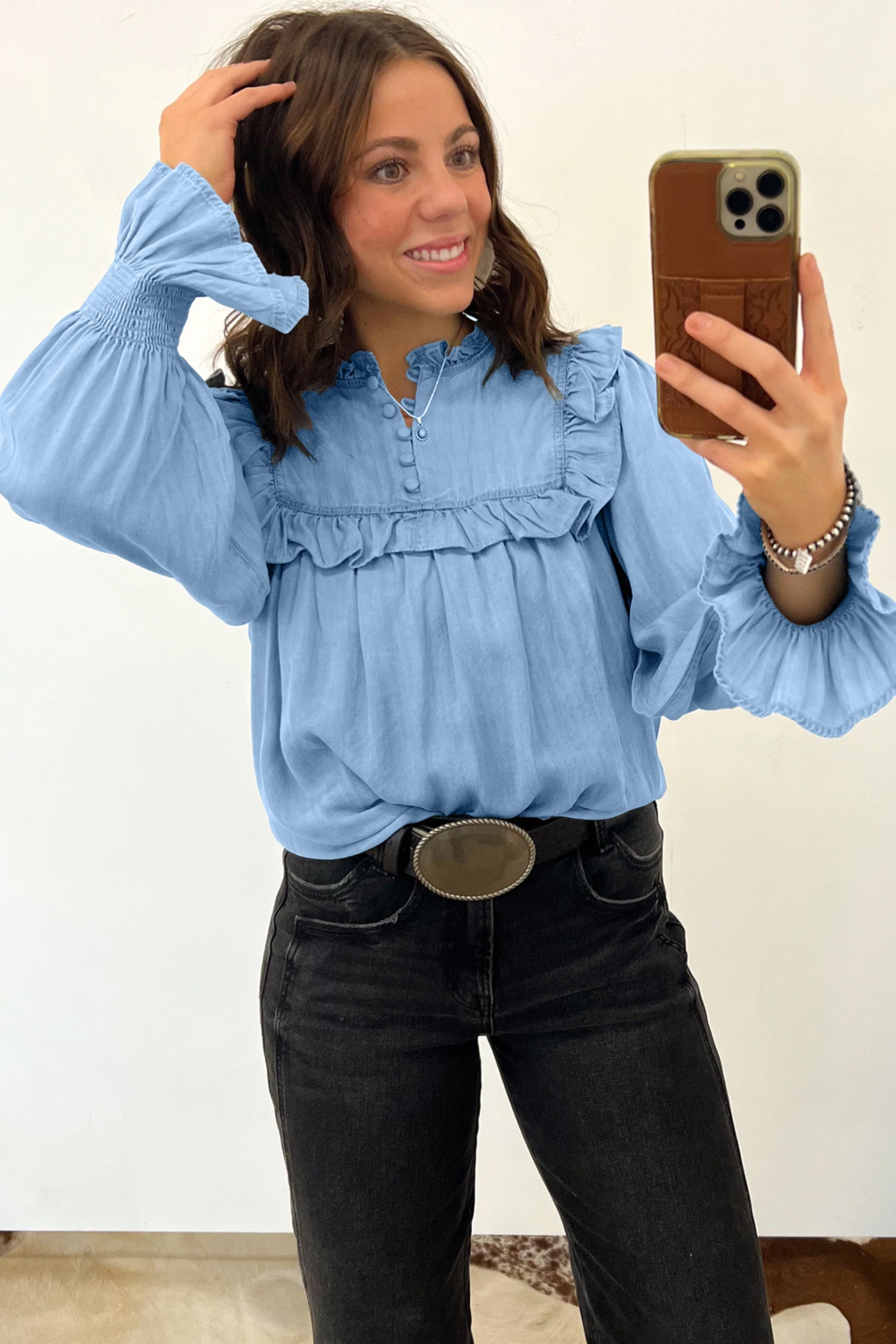 Beau Blue Western Ruffle V Neck Long Sleeve Chambray Blouse