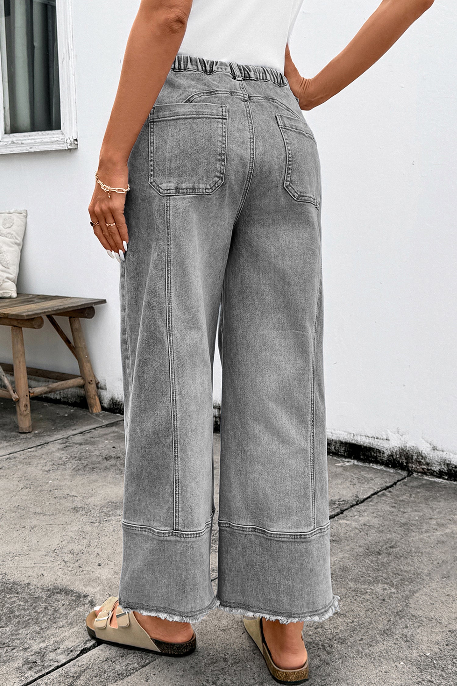 Prussian Blue Drawstring Seam Detail Raw Hem Wide Leg Denim Pants