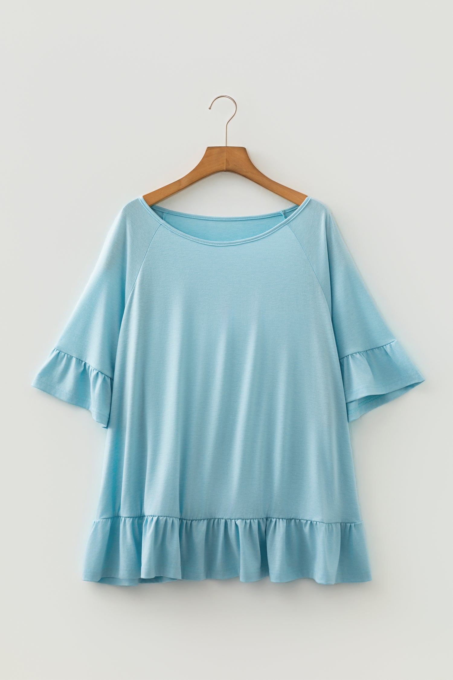 Light Blue Ruffled Short Sleeve Plus Size Casual Blouse