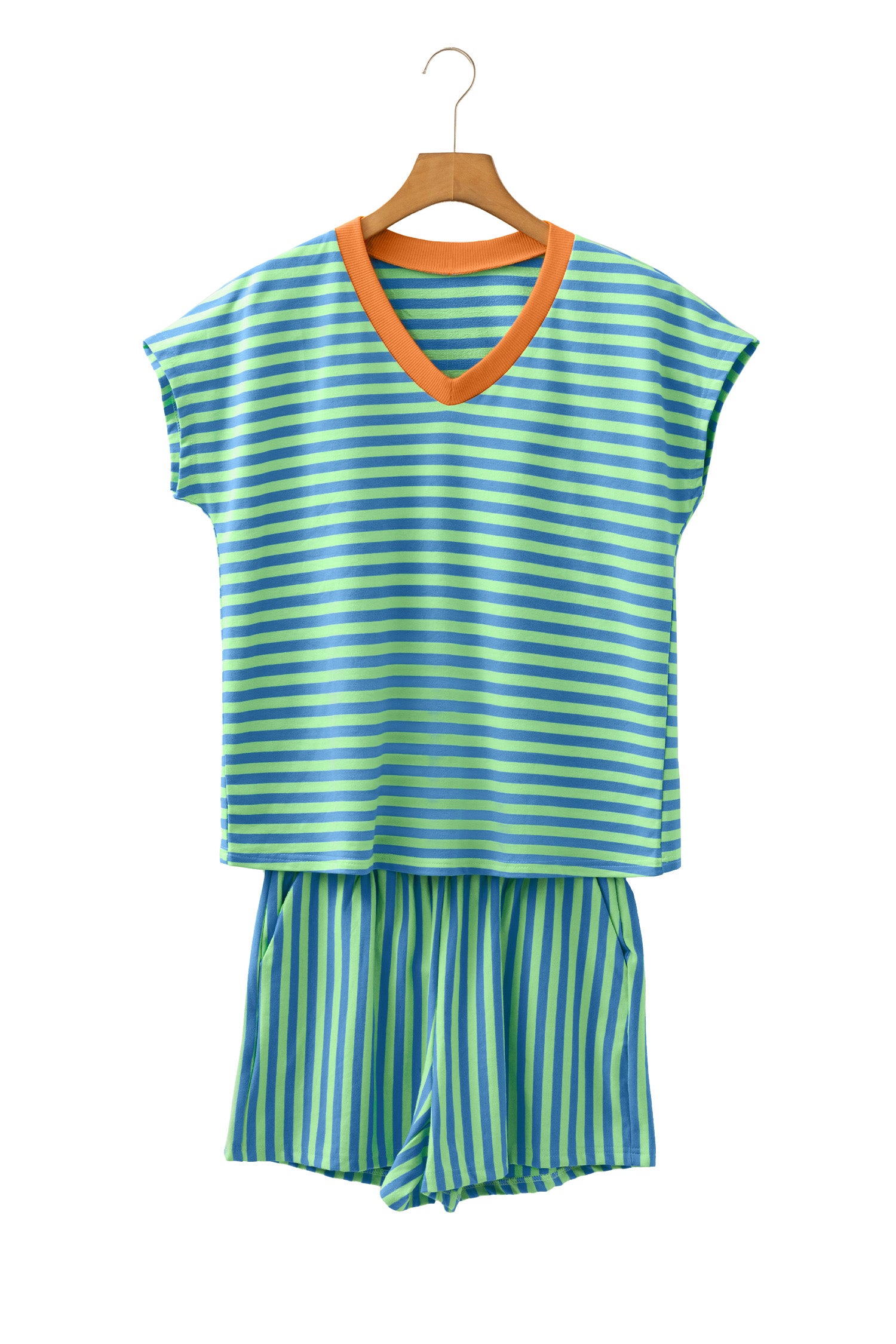 Red Stripe Colorblock Trim V Neck Tee Drawstring Elastic Waist Short Set