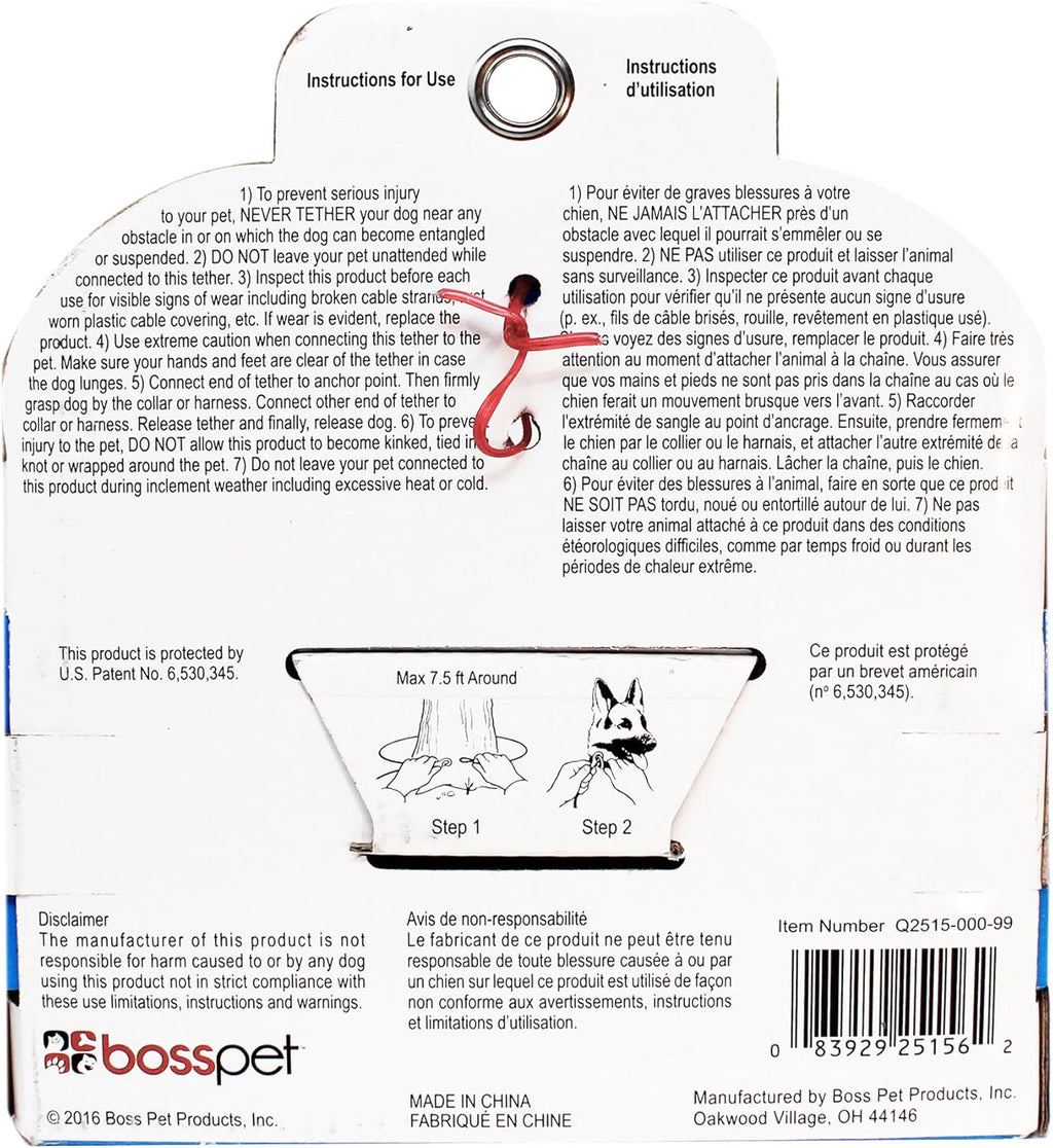 Boss Pet Tie-Out Cable for Large Dogs Up to 60lb 30ft Twin Swivel w/ Spring