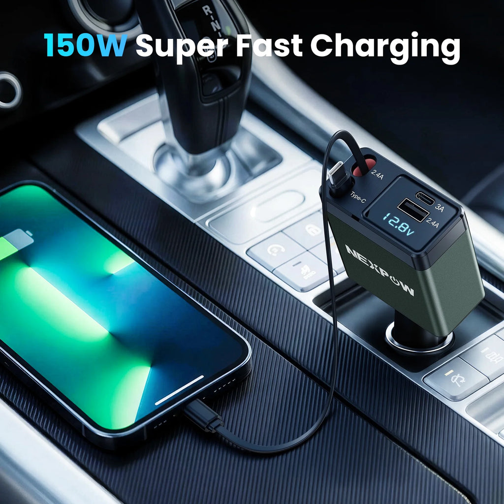 Retractable Car Charger Adapter, 150W Fast Charger for Car, 4 in 1 Car Phone Charger with Cables(2.6Ft), 180° Adjustable,Voltage Display-Green
