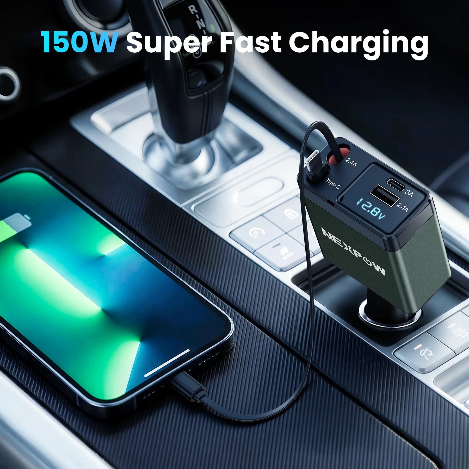 Retractable Car Charger Adapter, 150W Fast Charger for Car, 4 in 1 Car Phone Charger with Cables(2.6Ft), 180° Adjustable,Voltage Display-Green