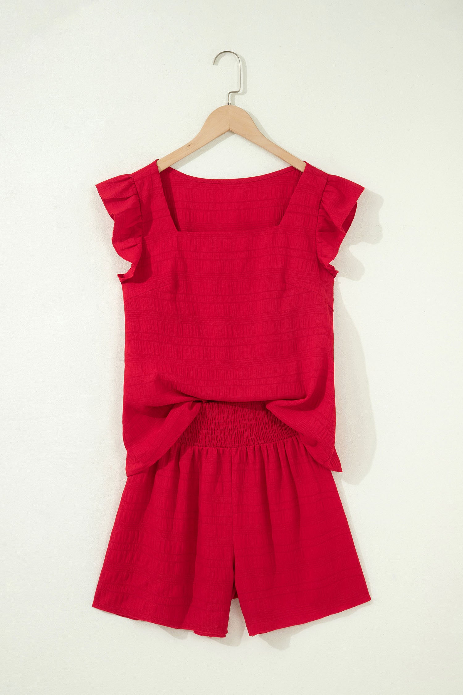 Peach Blossom Textured Square Neck Top and Shirred High Waist Shorts Set