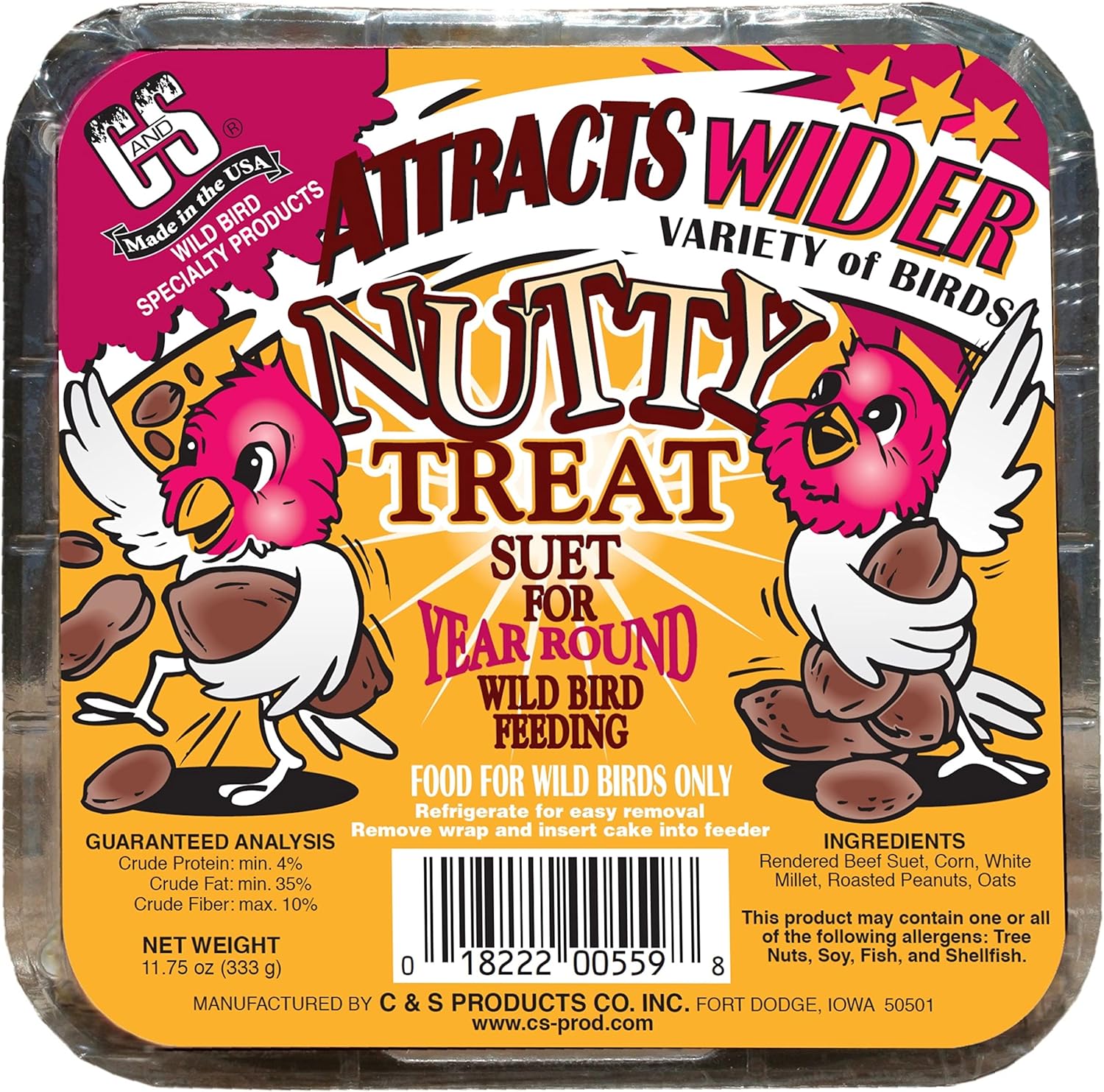 C&S Nutty Suet Treat Bird Cake 11.75 oz & Large Suet Basket Feeder Combo