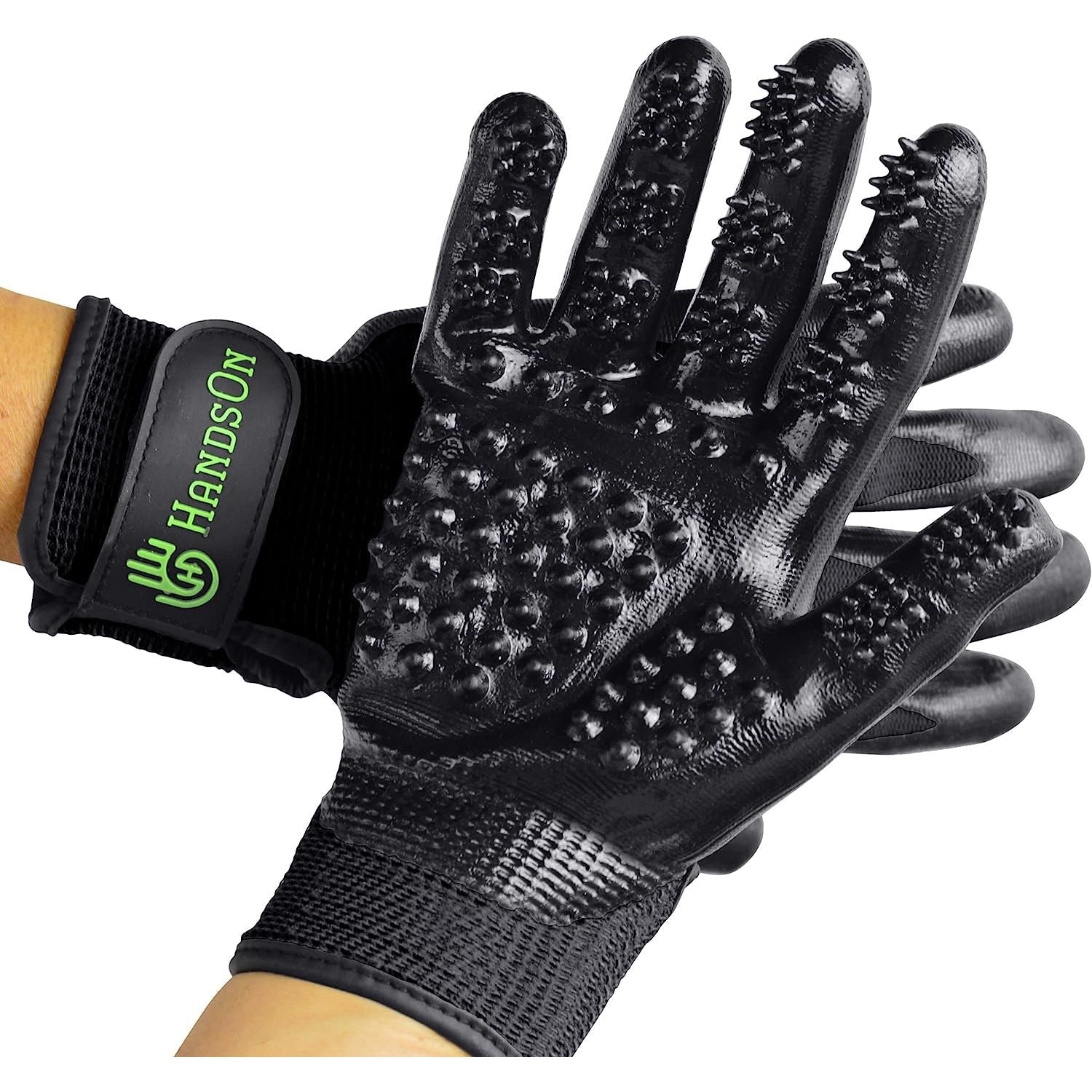 HandsOn Pet Grooming Gloves Gentle Brush for Cats Dogs Horses Black Medium Size
