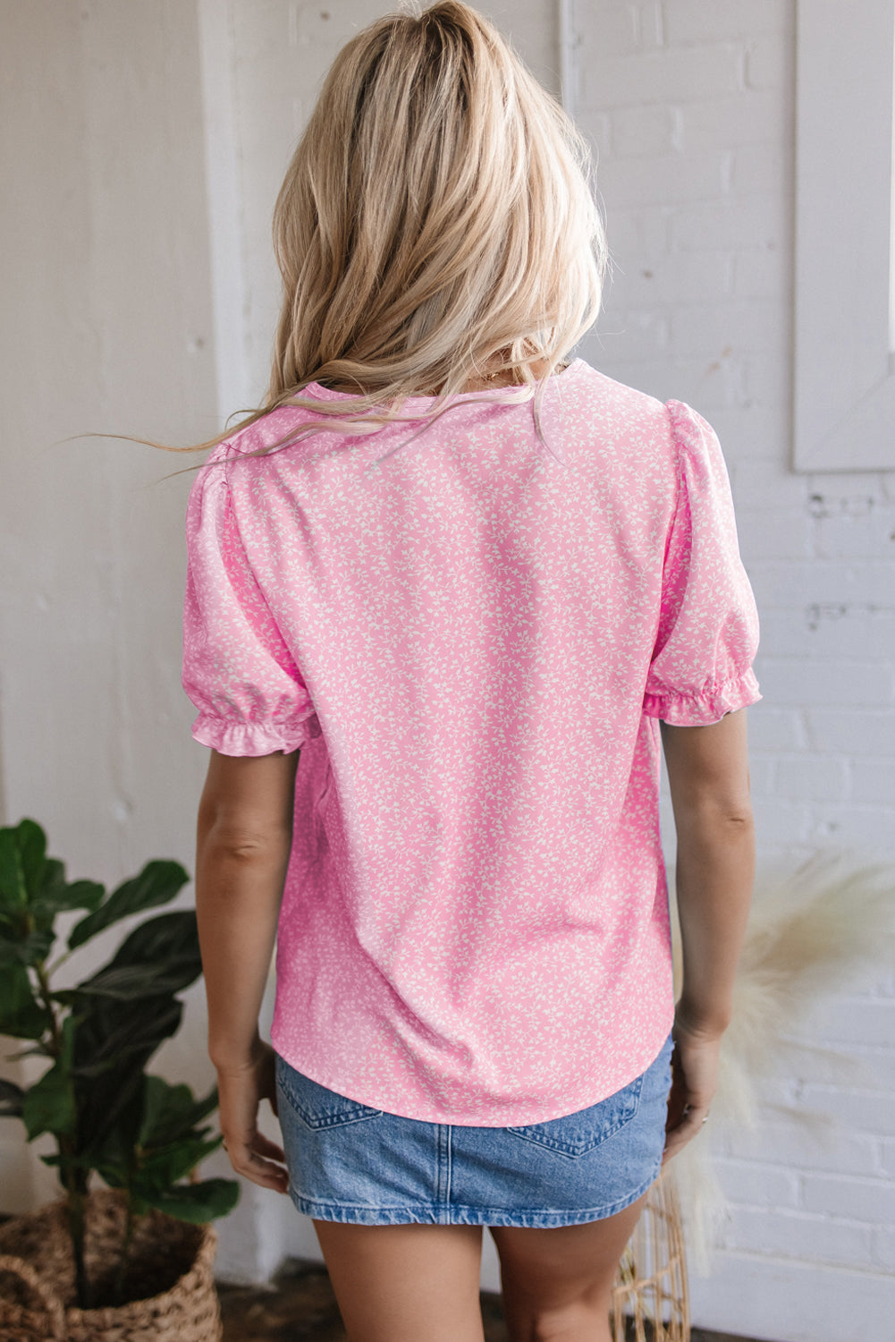 Sky Blue Floral Embroidered Puff Sleeve Notched V Neck Blouse