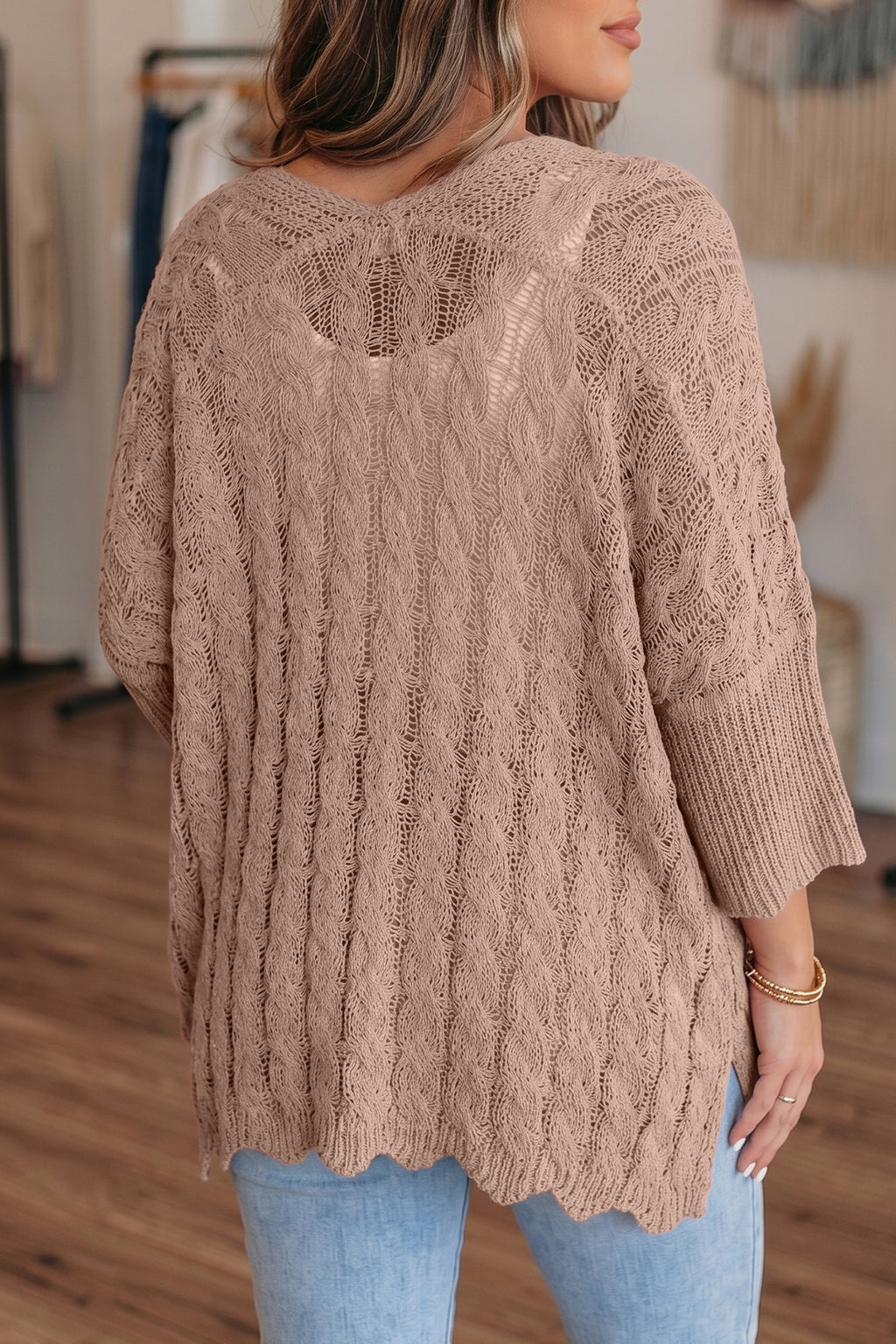 Old Rose Drop Shoulder Crochet Knit Open Front Cardigan