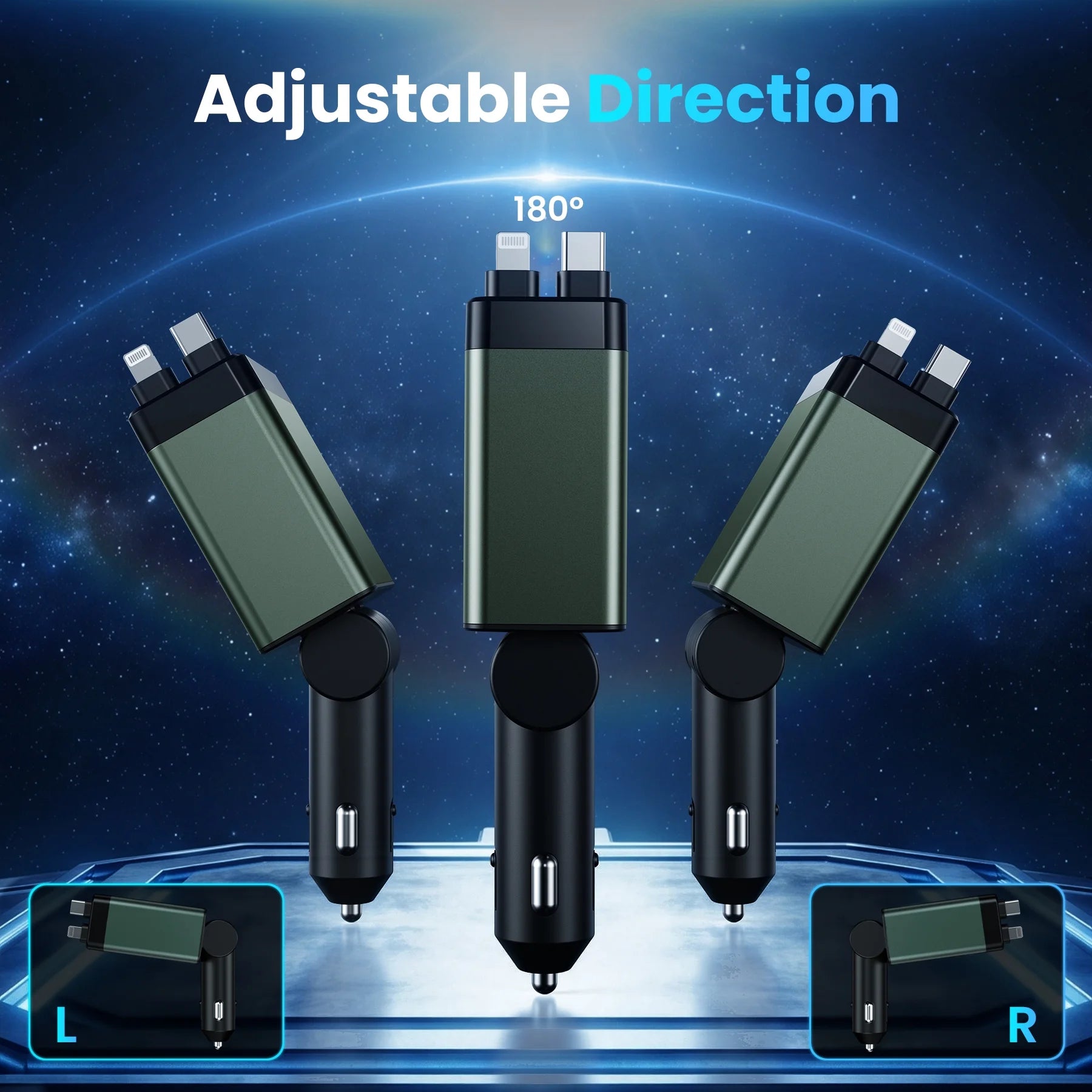 Retractable Car Charger Adapter, 150W Fast Charger for Car, 4 in 1 Car Phone Charger with Cables(2.6Ft), 180° Adjustable,Voltage Display-Green