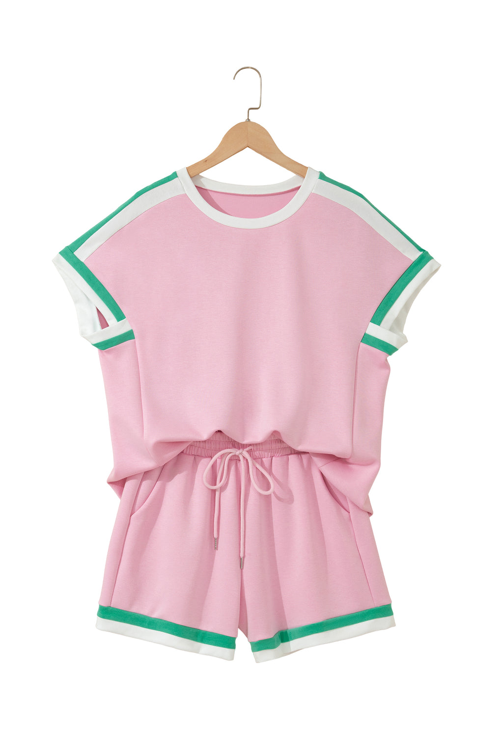 Bonbon Striped Trim Casual Tee Drawstring Shorts 2pcs Set
