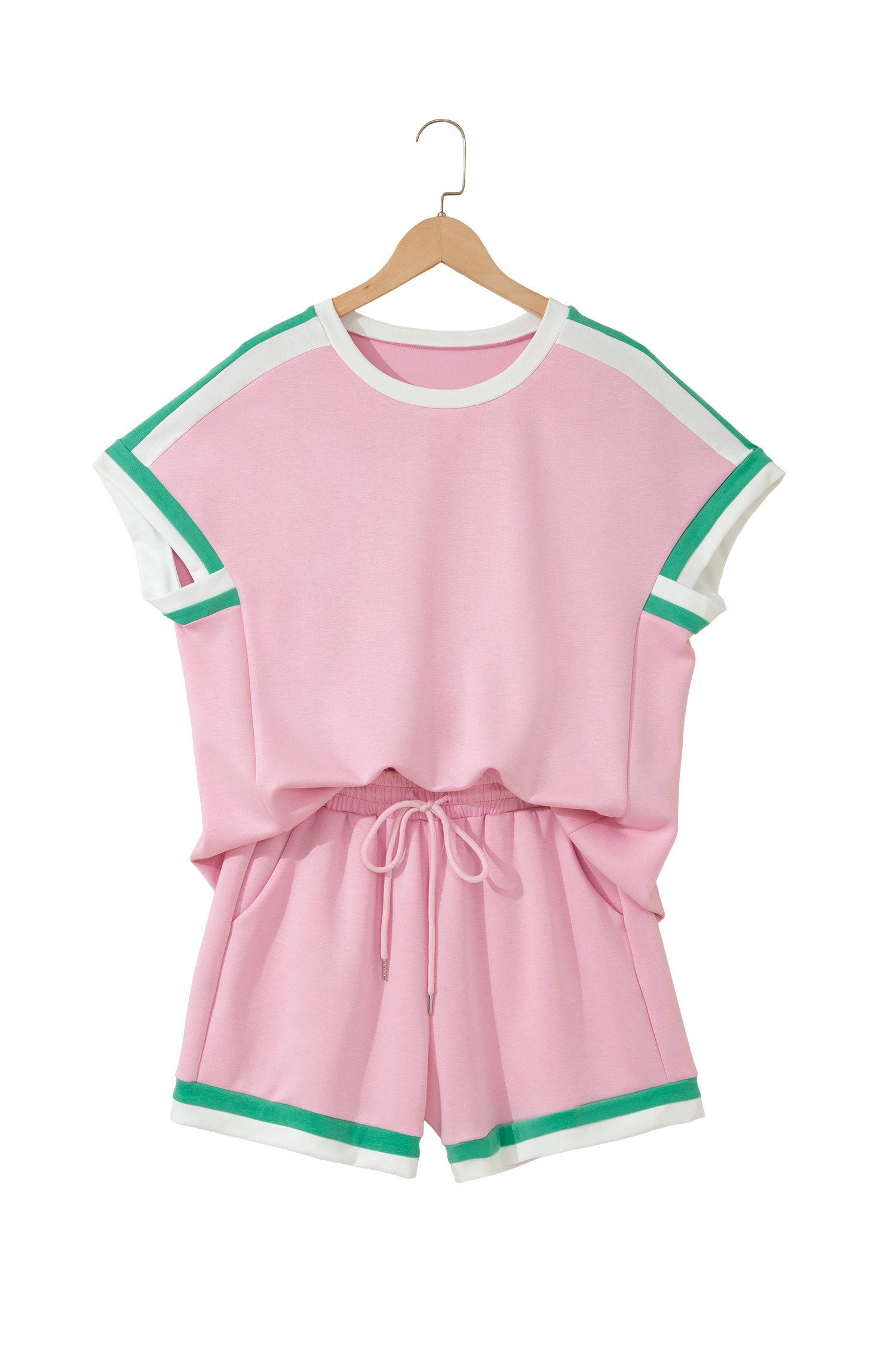 Bonbon Striped Trim Casual Tee Drawstring Shorts 2pcs Set