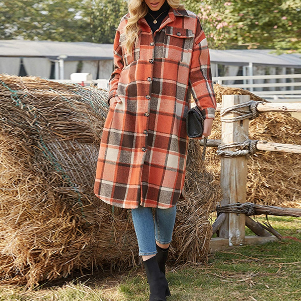 Women'S Casual Wool Blend Long Plaid Shirt Jacket Button down Pocketed Shirt Shacket