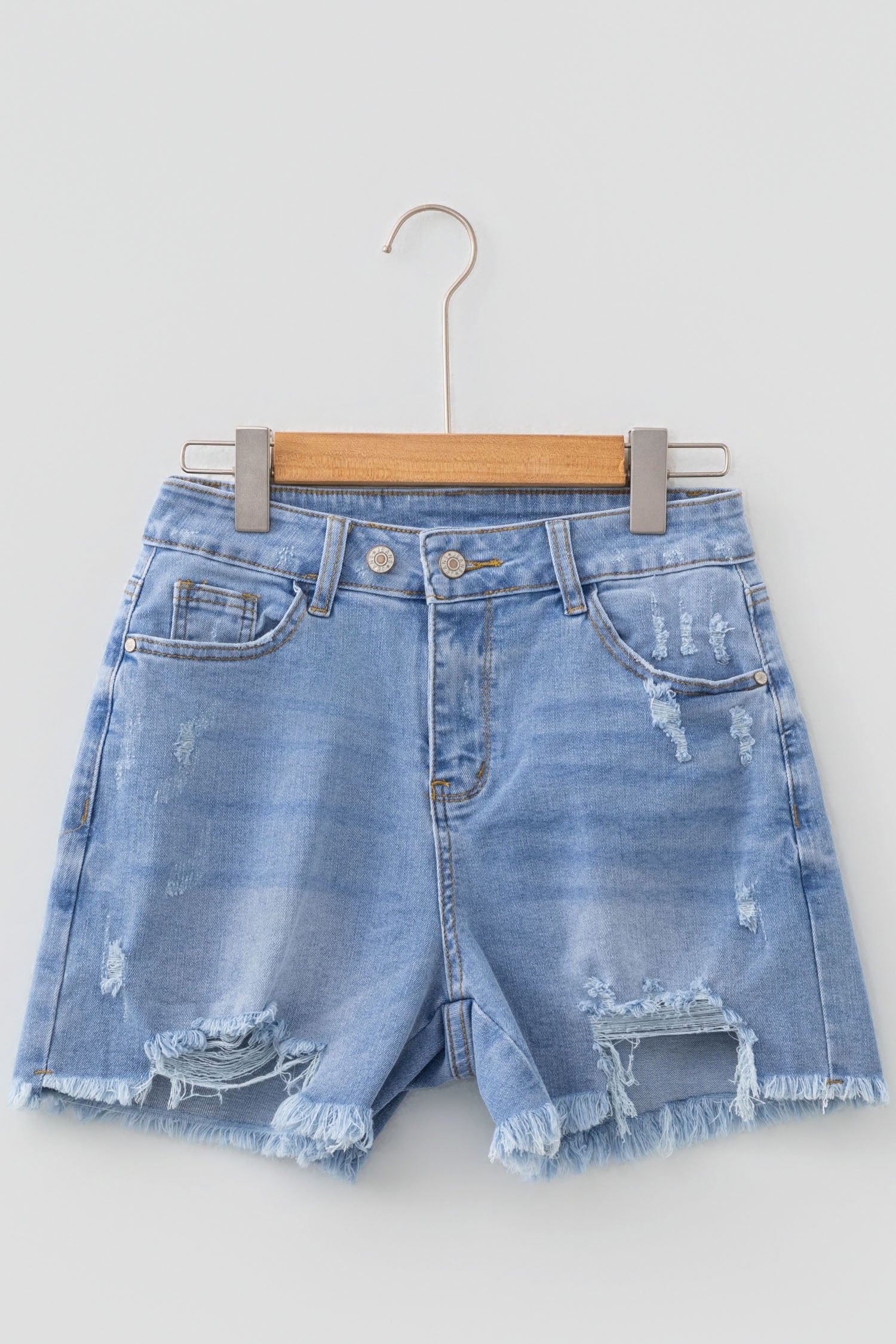 Beau Blue Asymmetric Raw Hem Distressed Whiskery Denim Shorts