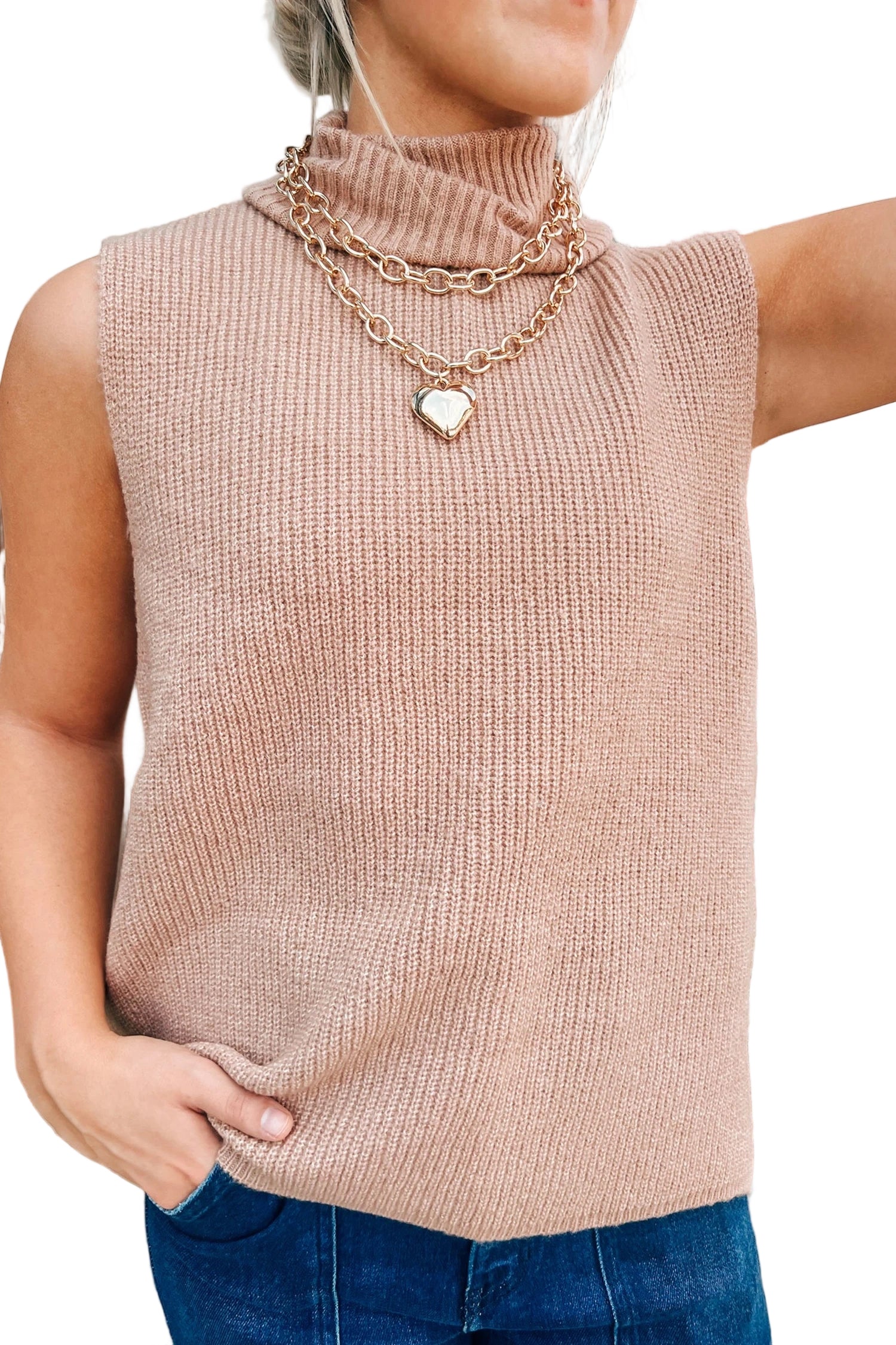 Light French Beige Sleeveless High Neck Knit Split Hem Shift Silhouette Wool Sweater Vest