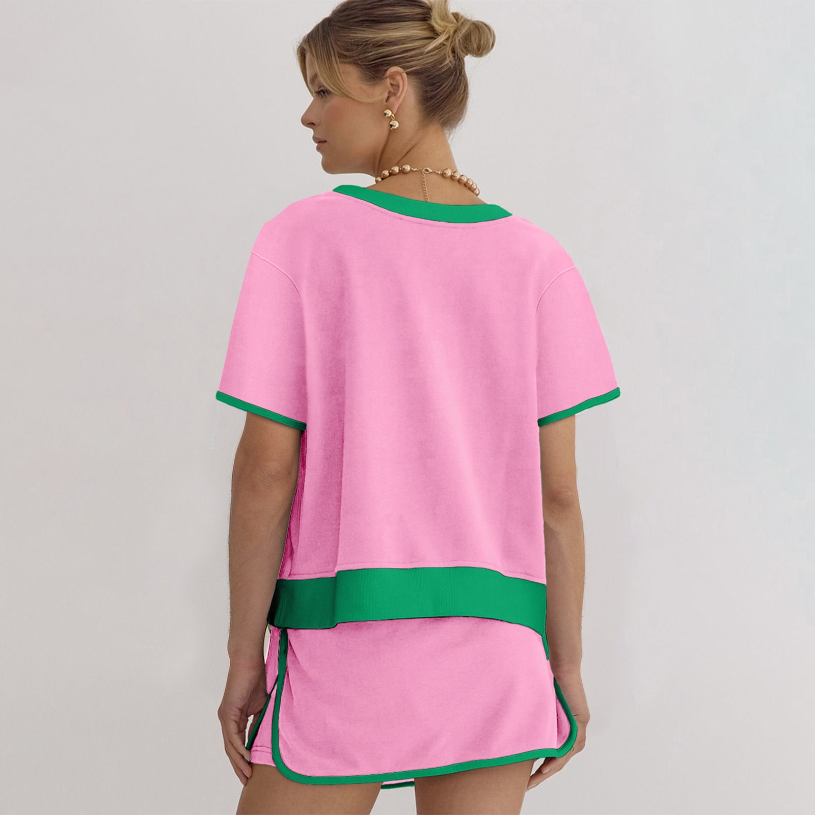 Turquoise Colorblock Edge Drop Shoulder T Shirt and Skort 2Pcs Set