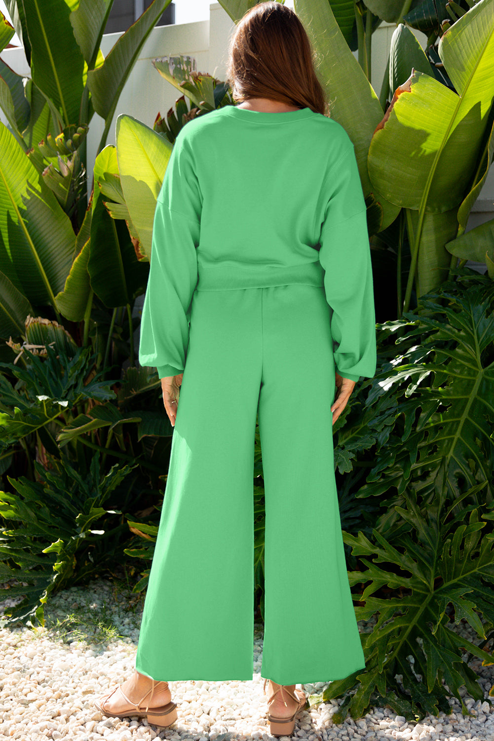 Flamingo Drop Shoulder Puff Sleeve Crop Pullover Drawstring Wide Leg Pants Set