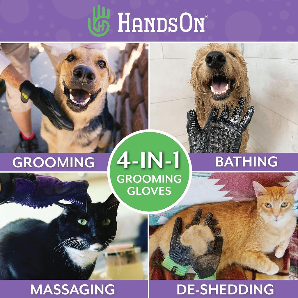 HandsOn Pet Grooming Gloves Gentle Brush for Cats Dogs Horses Black Medium Size