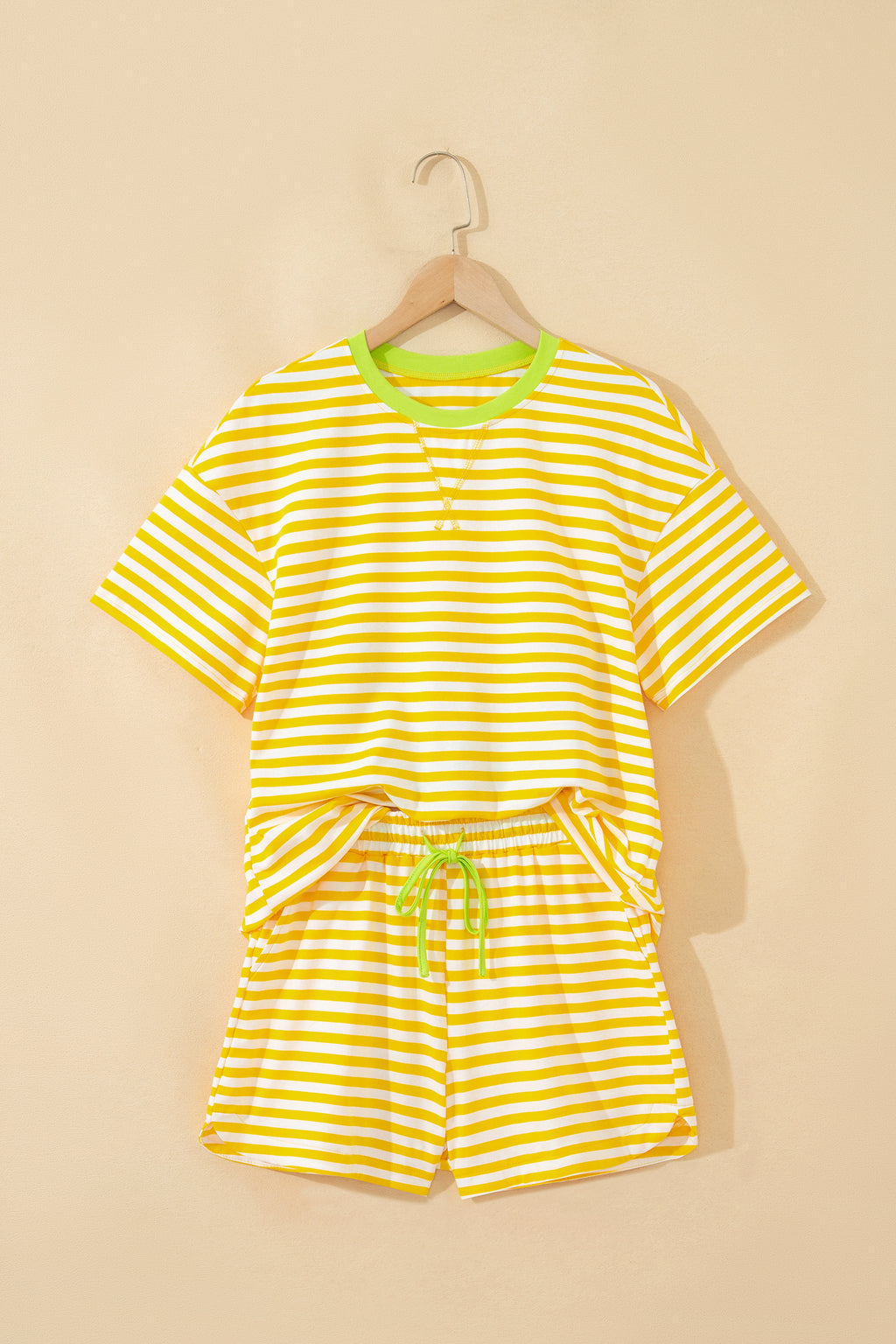 Sky Blue Stripe Contrast Neck Loose Tee and Drawstring Shorts Set