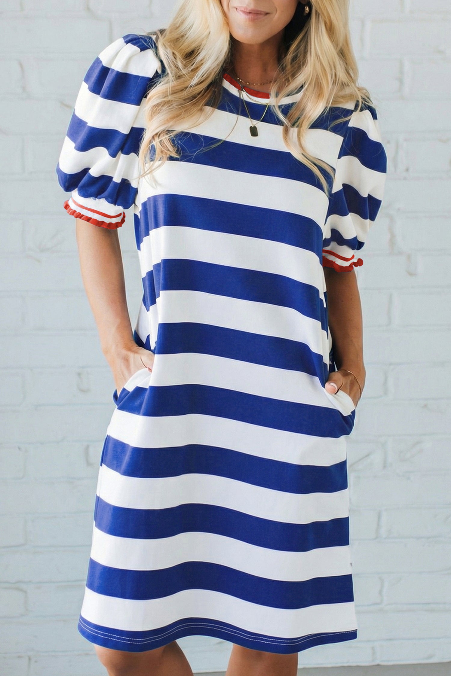 Red Stripe Contrast Trim Round Neck Short Puff Sleeve Shift Mini Dress