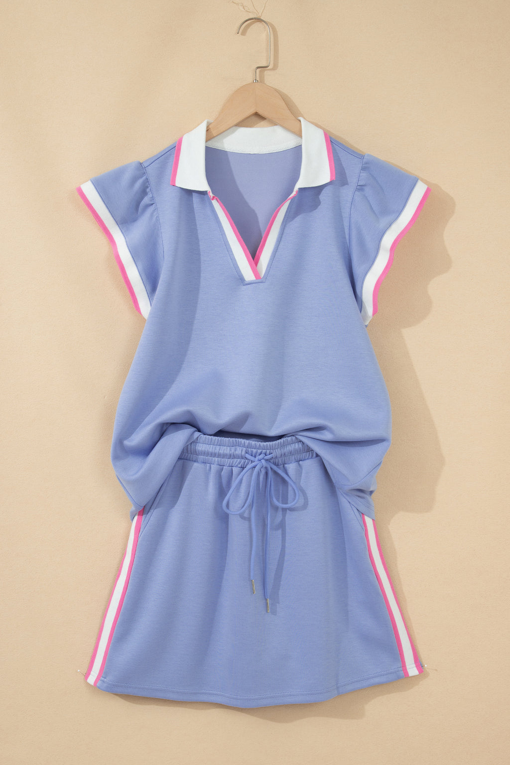 Black Preppy Striped Trim V Neck Polo Tee Drawstring Skirt Set