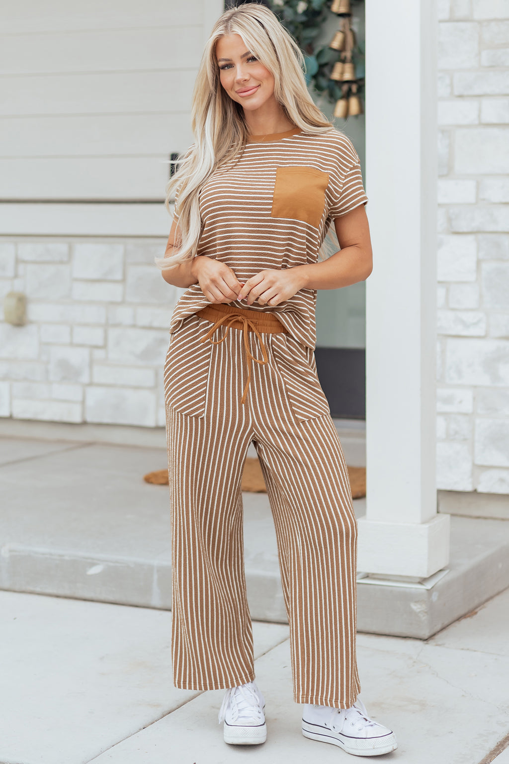 Green Stripe Crew Neck Tee Drawstring Waist Cropped Pants Set