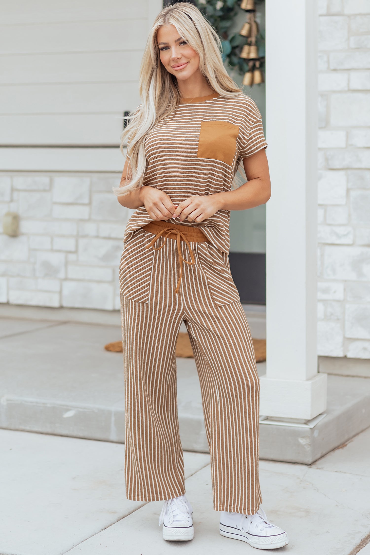 Green Stripe Crew Neck Tee Drawstring Waist Cropped Pants Set
