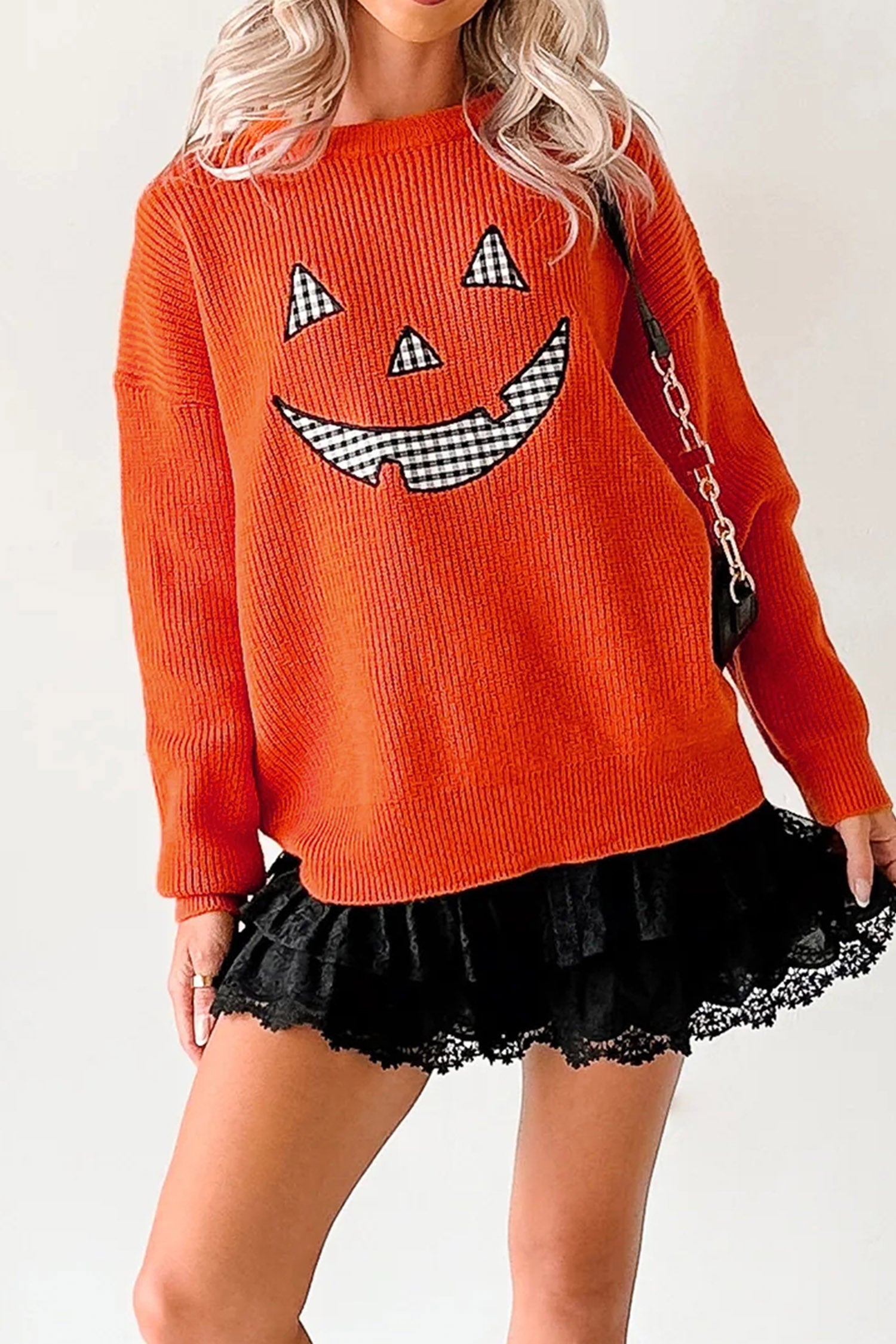Orange Drop Shoulder Long Sleeve Round Neck Halloween Sweater