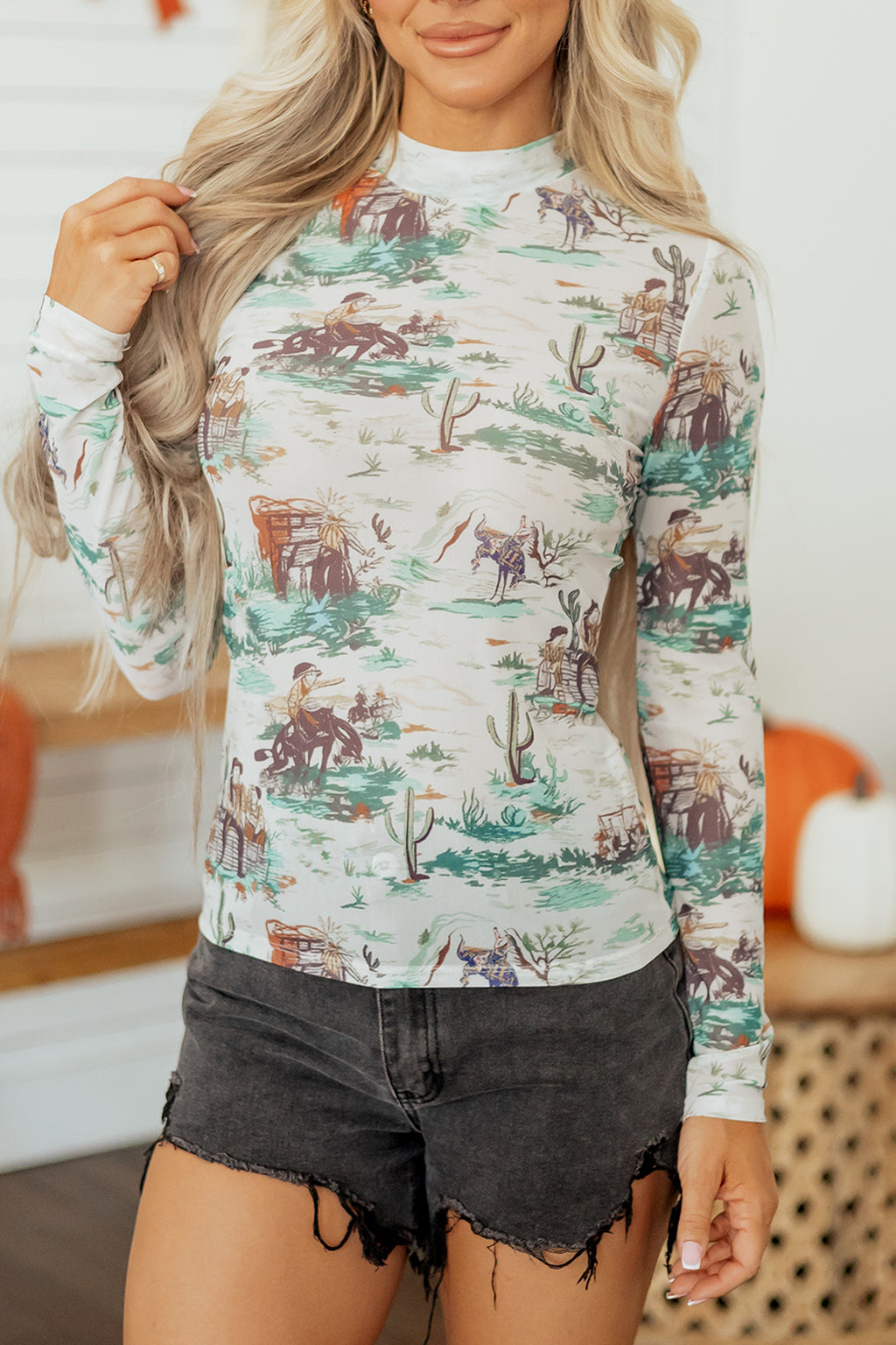 Green Western Print Long Sleeve Round Neck Slim Top