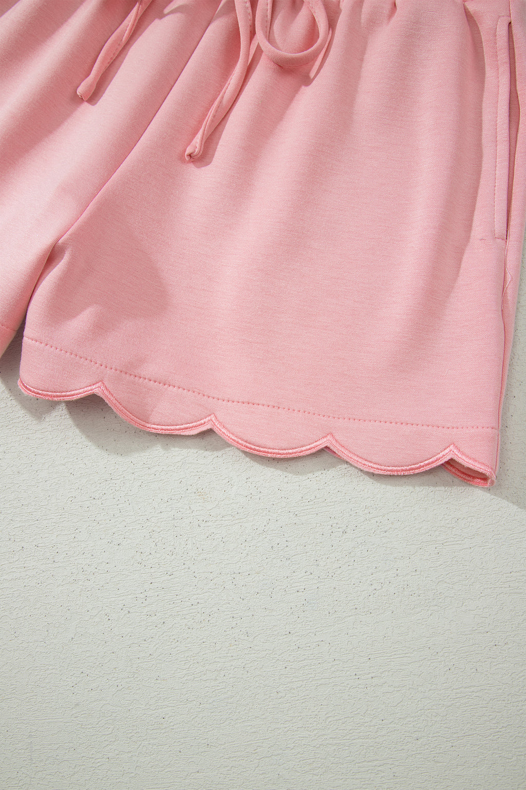Gossamer Pink Scalloped V Neck Dolman Oversize Top Drawstring Short Set