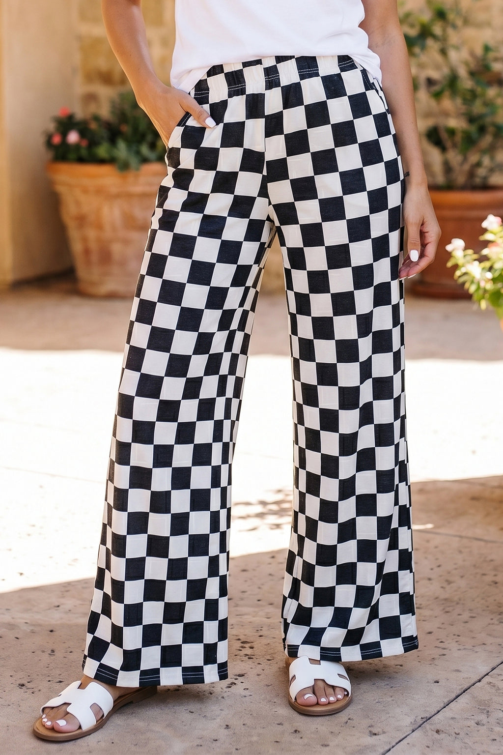 Red 2-Tone Checked Print High Waist Wide Leg Pants