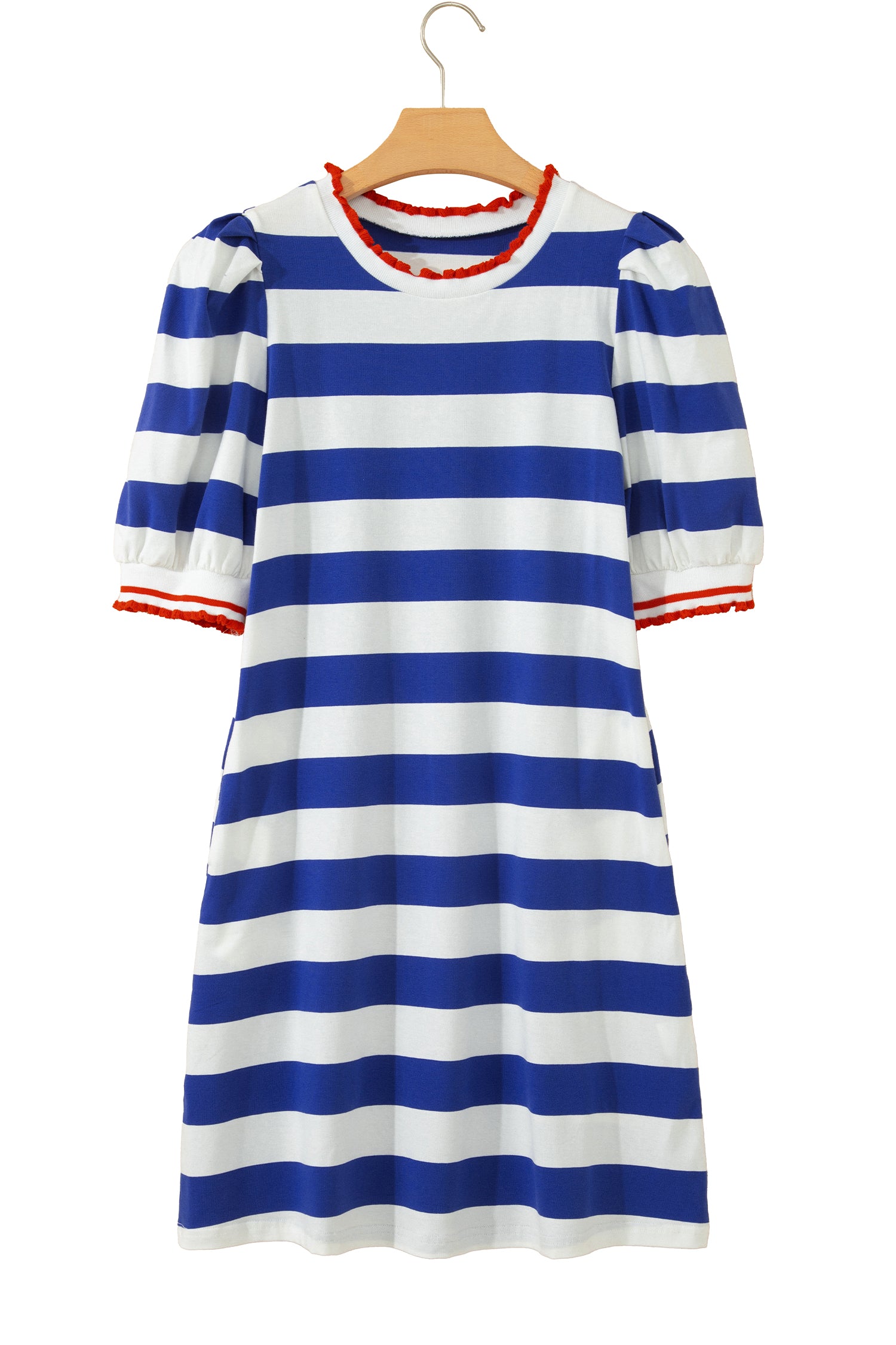 Red Stripe Contrast Trim Round Neck Short Puff Sleeve Shift Mini Dress